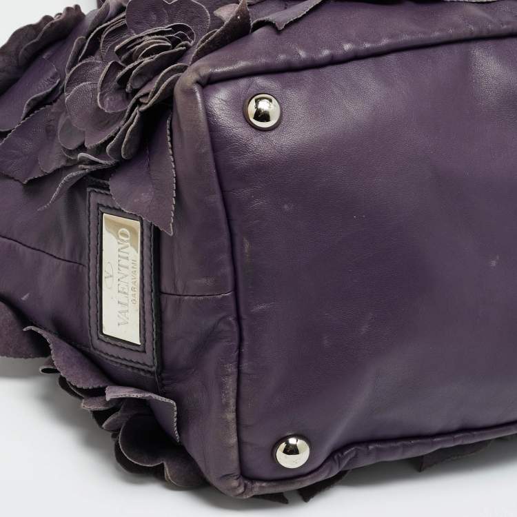 Pre Owned Valentino Rose Applique Purple Leather Shopper Tote