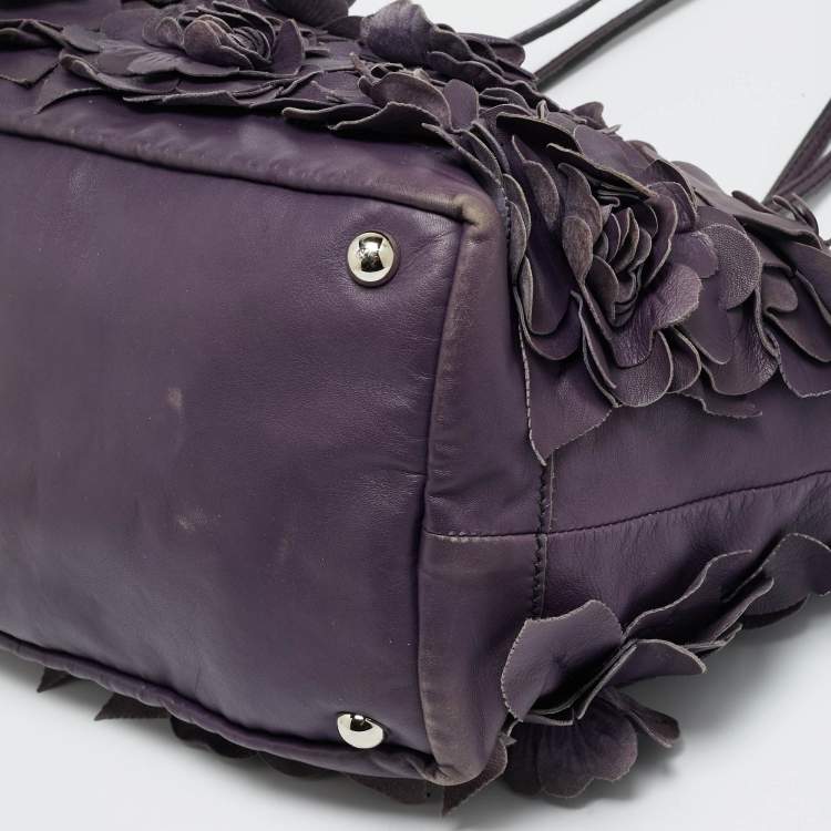 Pre Owned Valentino Rose Applique Purple Leather Shopper Tote