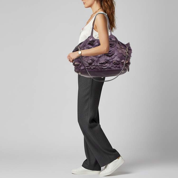 Pre Owned Valentino Rose Applique Purple Leather Shopper Tote