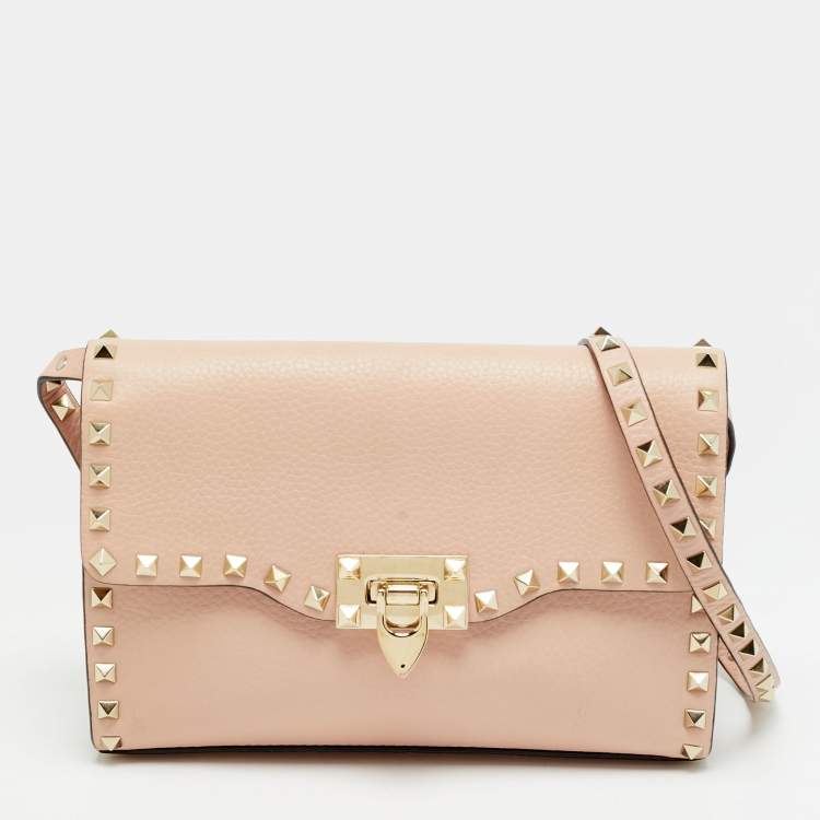 Pre Owned Valentino Rockstud Flap Pink Leather Crossbody Bag