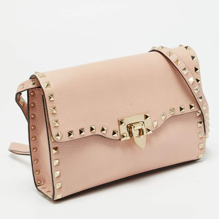 Pre Owned Valentino Rockstud Flap Pink Leather Crossbody Bag