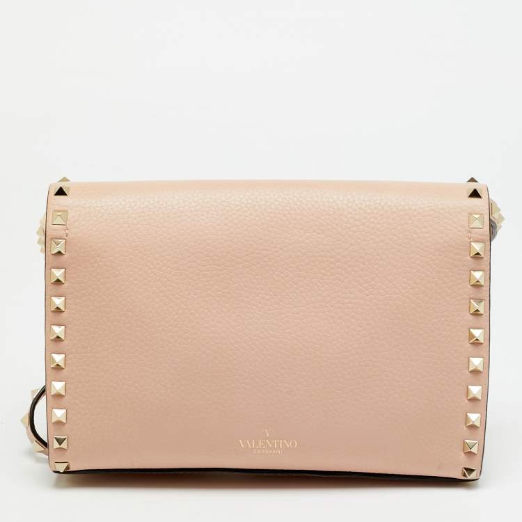 Pre Owned Valentino Rockstud Flap Pink Leather Crossbody Bag