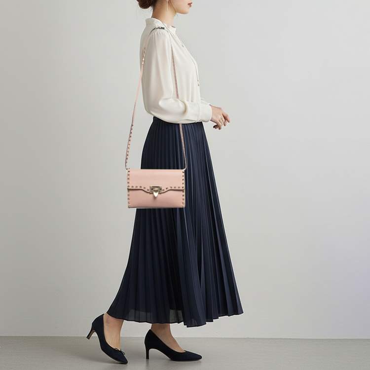 Pre Owned Valentino Rockstud Flap Pink Leather Crossbody Bag