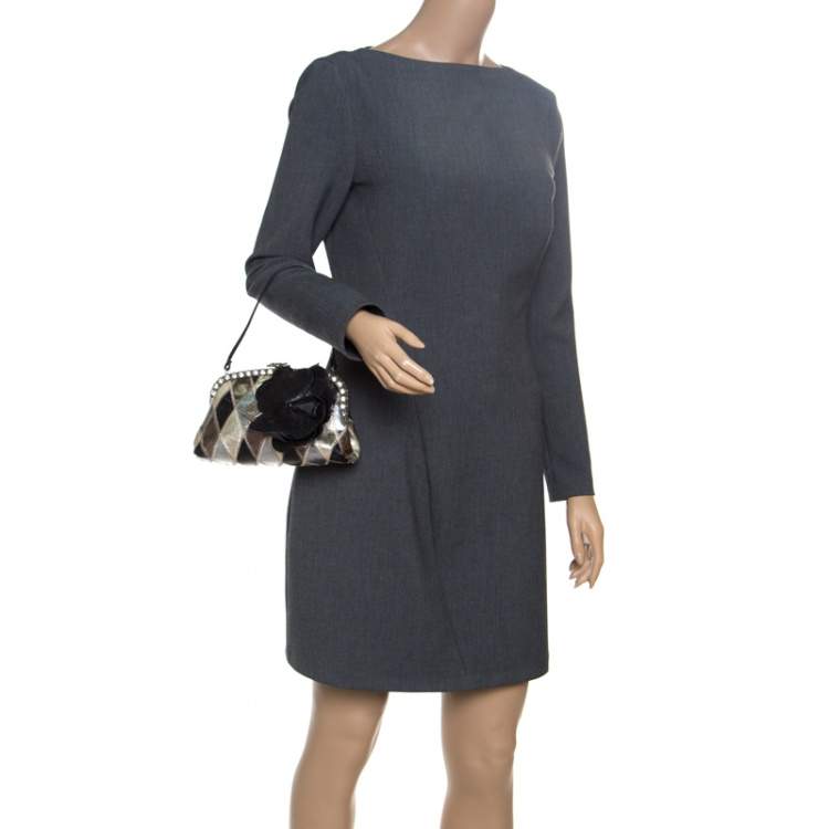 Pre Owned Valentino Metallic Lizard Embossed Leather Crystal Embellished Bag