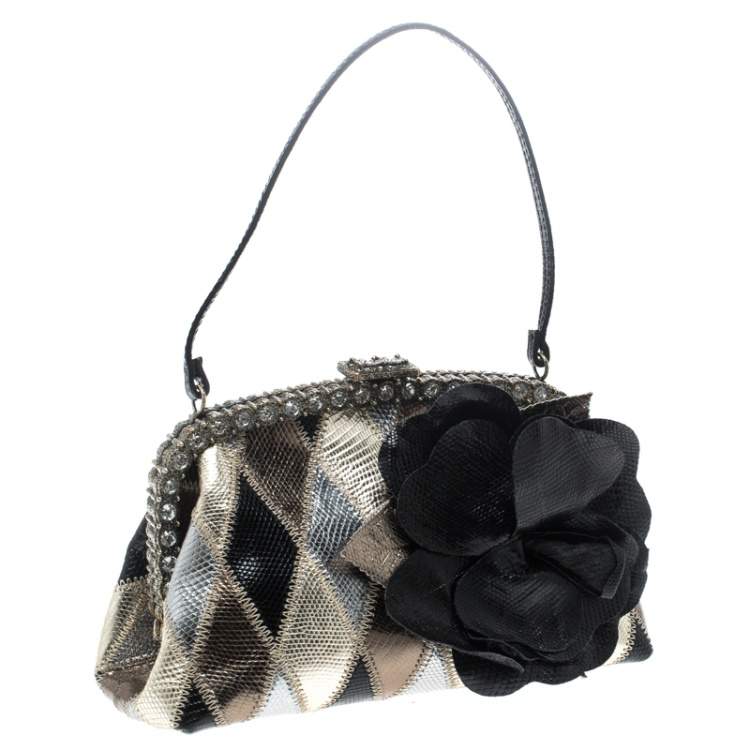 Pre Owned Valentino Metallic Lizard Embossed Leather Crystal Embellished Bag
