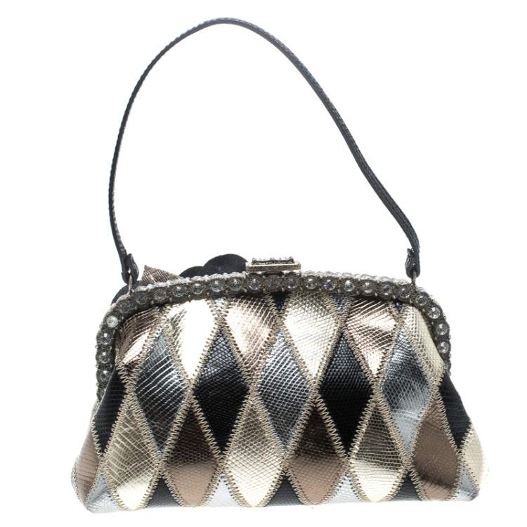 Pre Owned Valentino Metallic Lizard Embossed Leather Crystal Embellished Bag