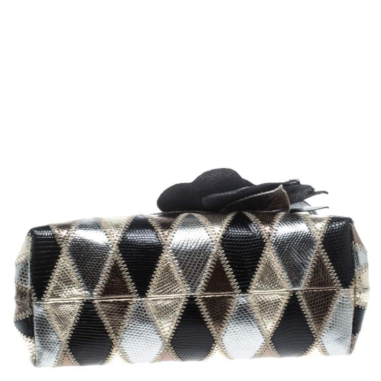 Pre Owned Valentino Metallic Lizard Embossed Leather Crystal Embellished Bag