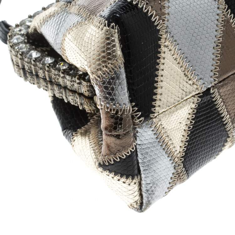 Pre Owned Valentino Metallic Lizard Embossed Leather Crystal Embellished Bag