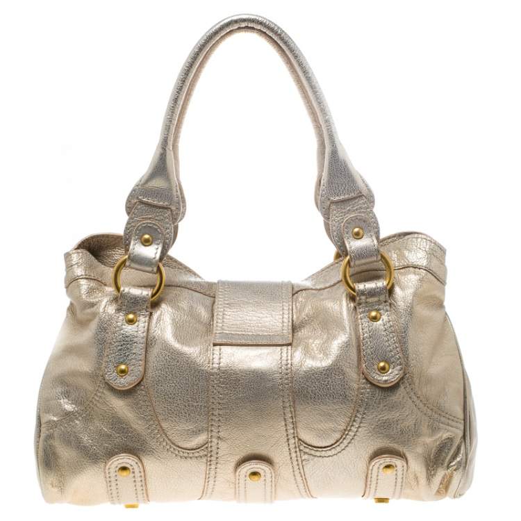 Pre Owned Valentino Gold Leather Crystal Catch Satchel