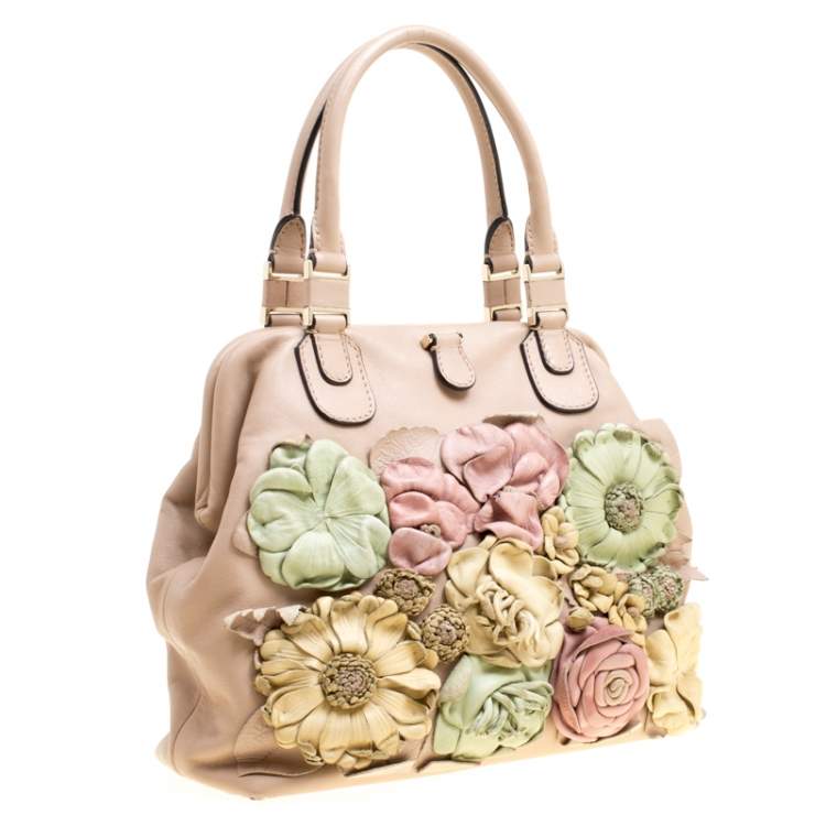 Pre Owned Valentino Beige/Multicolor Leather Floral Applique Frame Satchel