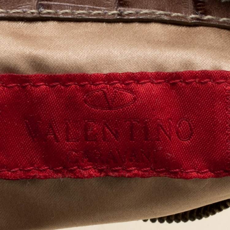 Pre Owned Valentino Beige Croc Embossed Leather and Python Print Canvas Hobo