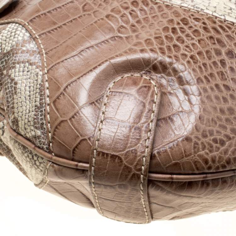 Pre Owned Valentino Beige Croc Embossed Leather and Python Print Canvas Hobo