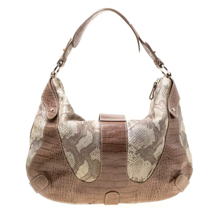 Pre Owned Valentino Beige Croc Embossed Leather and Python Print Canvas Hobo