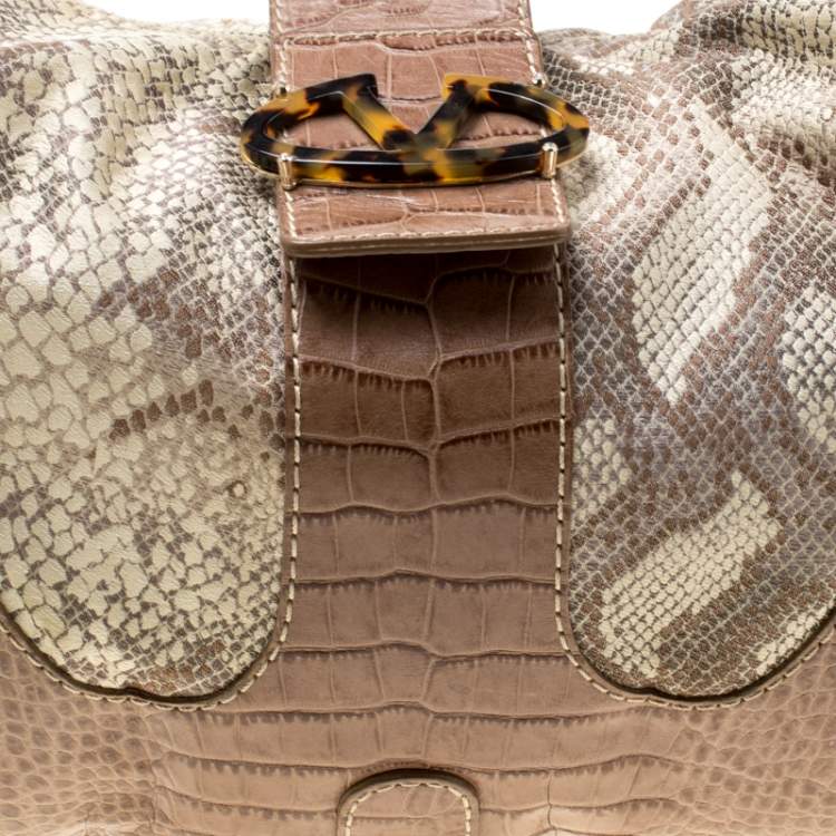 Pre Owned Valentino Beige Croc Embossed Leather and Python Print Canvas Hobo