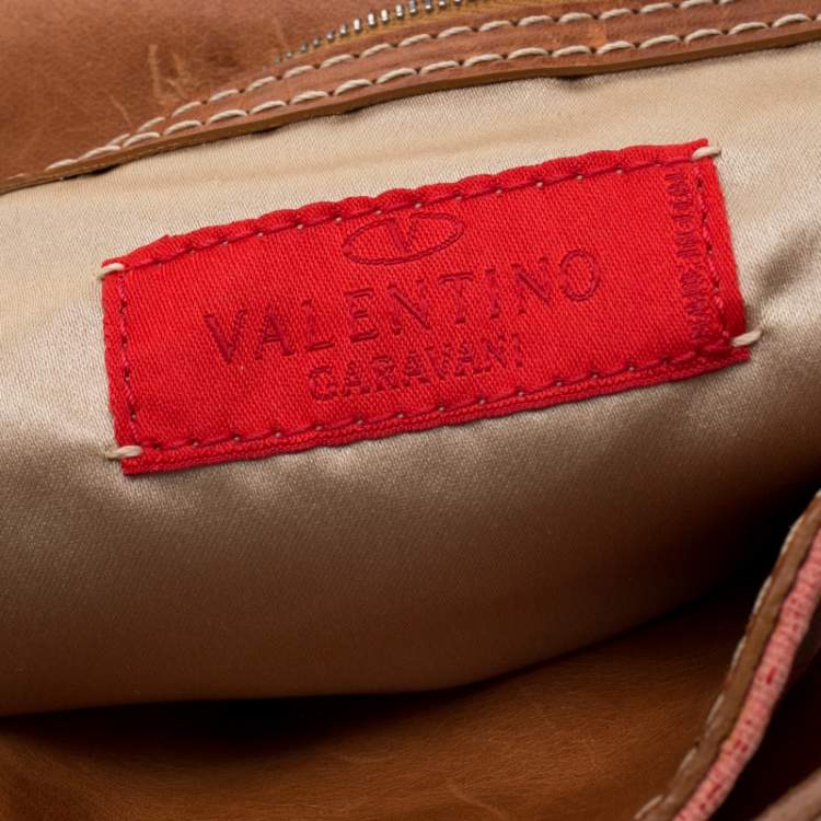 Pre Owned Valentino Coral/Brown Polka Dots Canvas and Leather Flower Embellished Tote