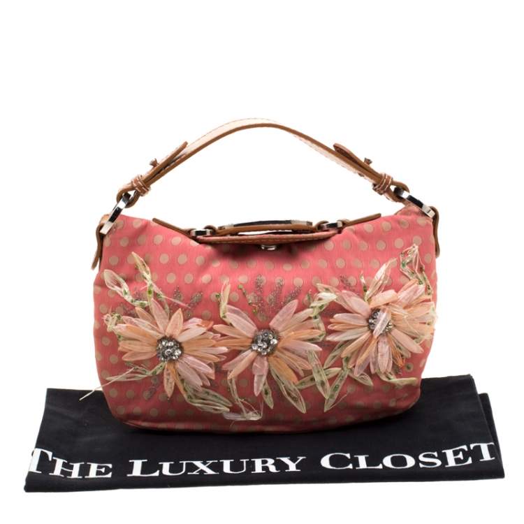 Pre Owned Valentino Coral/Brown Polka Dots Canvas and Leather Flower Embellished Tote