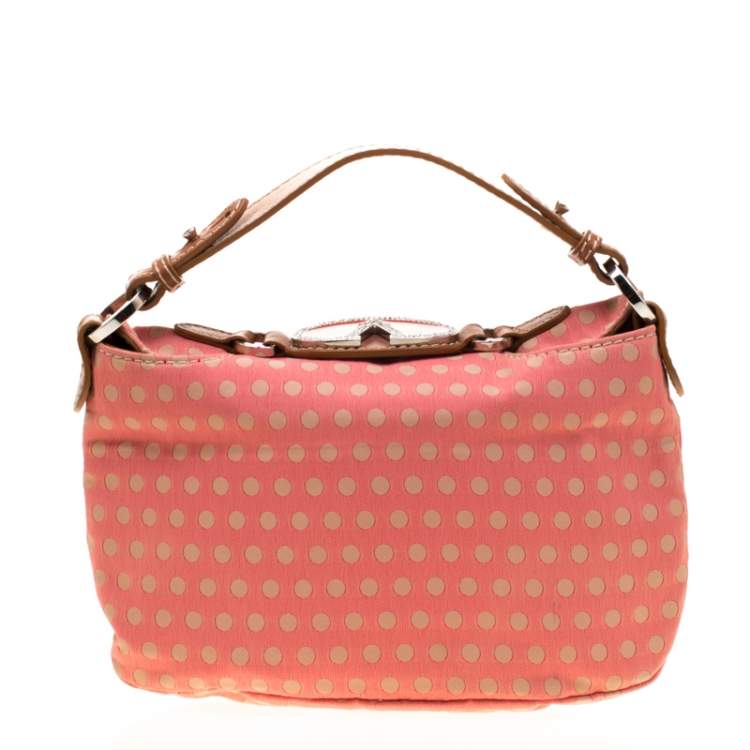 Pre Owned Valentino Coral/Brown Polka Dots Canvas and Leather Flower Embellished Tote