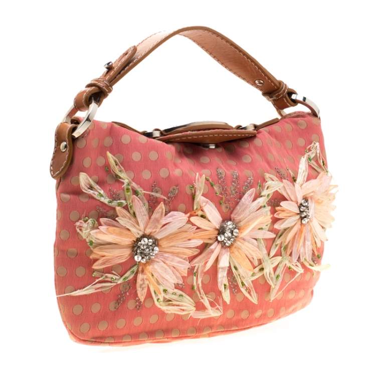 Pre Owned Valentino Coral/Brown Polka Dots Canvas and Leather Flower Embellished Tote