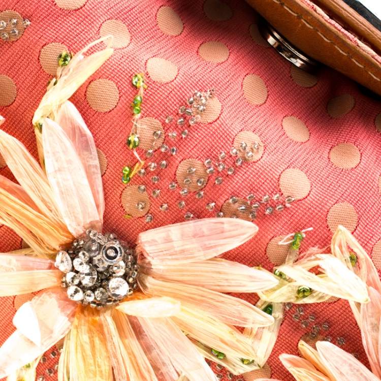 Pre Owned Valentino Coral/Brown Polka Dots Canvas and Leather Flower Embellished Tote