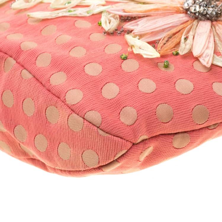 Pre Owned Valentino Coral/Brown Polka Dots Canvas and Leather Flower Embellished Tote