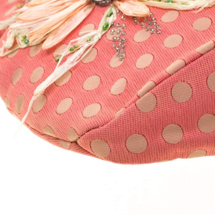 Pre Owned Valentino Coral/Brown Polka Dots Canvas and Leather Flower Embellished Tote