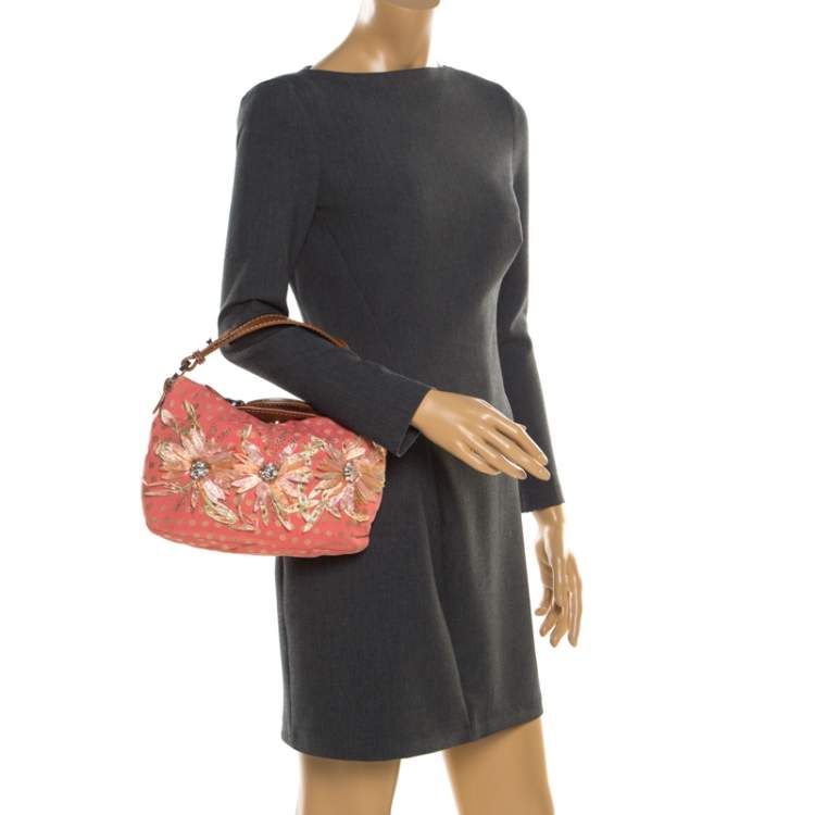 Pre Owned Valentino Coral/Brown Polka Dots Canvas and Leather Flower Embellished Tote
