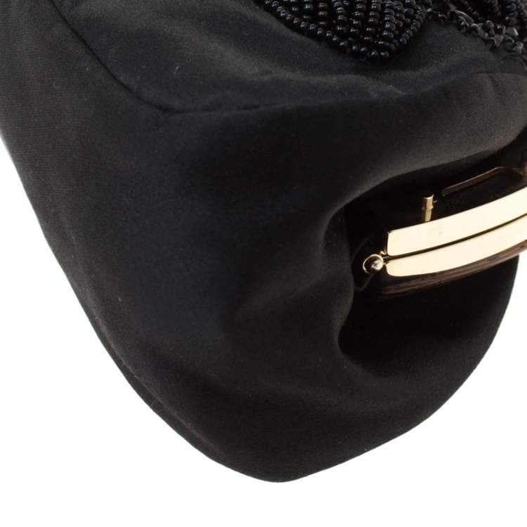 Pre Owned Valentino Black Beaded Embellished Satin Crystal Wood Frame Bag