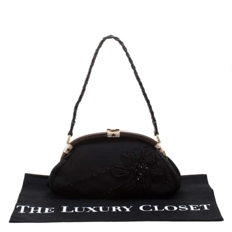 Pre Owned Valentino Black Beaded Embellished Satin Crystal Wood Frame Bag
