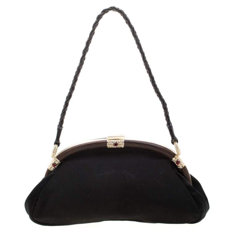 Pre Owned Valentino Black Beaded Embellished Satin Crystal Wood Frame Bag