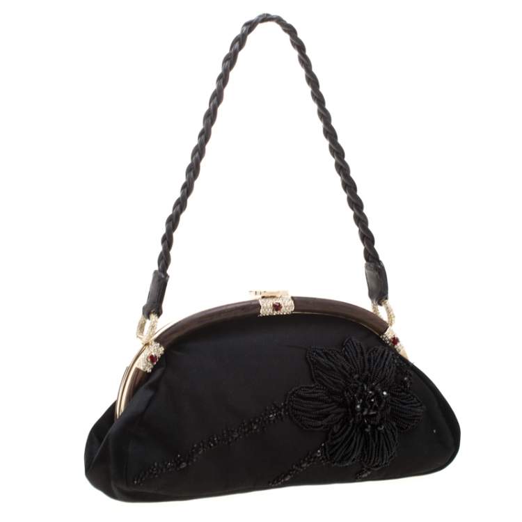 Pre Owned Valentino Black Beaded Embellished Satin Crystal Wood Frame Bag
