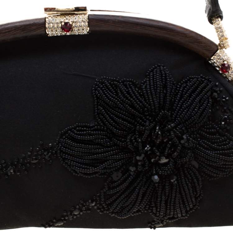 Pre Owned Valentino Black Beaded Embellished Satin Crystal Wood Frame Bag