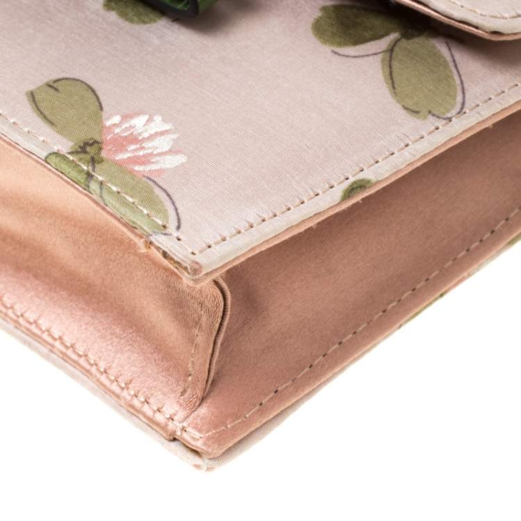 Pre Owned Valentino Green/Beige Floral Print Fabric Studded Bow Wristlet Clutch