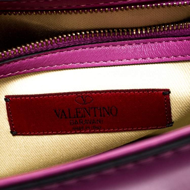 Pre Owned Valentino Fuschia Leather Rockstud Large Glam Lock Top Handle Bag