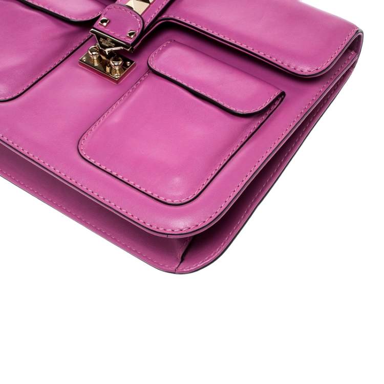 Pre Owned Valentino Fuschia Leather Rockstud Large Glam Lock Top Handle Bag