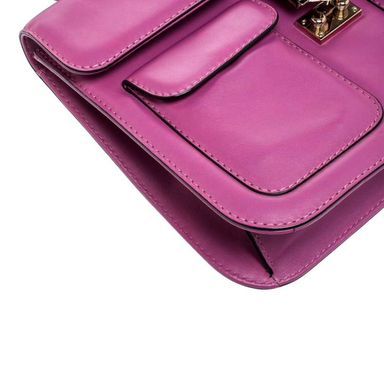 Pre Owned Valentino Fuschia Leather Rockstud Large Glam Lock Top Handle Bag