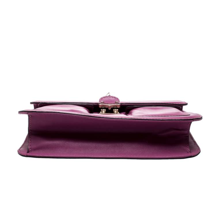 Pre Owned Valentino Fuschia Leather Rockstud Large Glam Lock Top Handle Bag