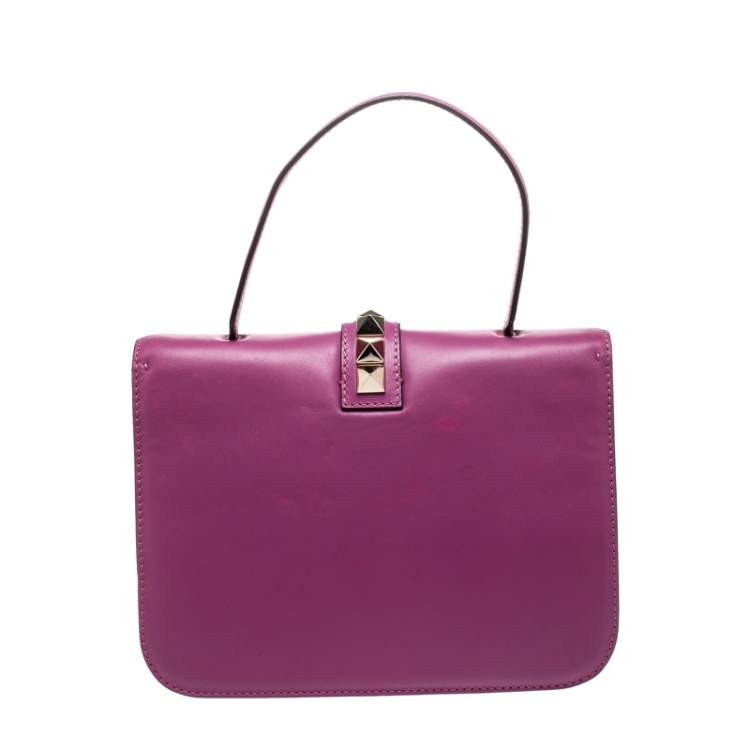 Pre Owned Valentino Fuschia Leather Rockstud Large Glam Lock Top Handle Bag