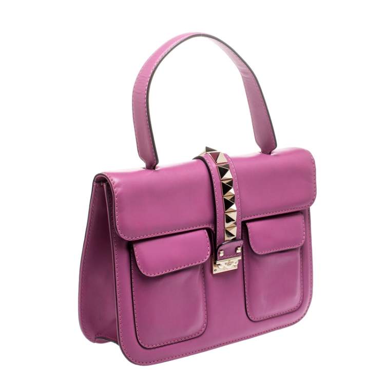 Pre Owned Valentino Fuschia Leather Rockstud Large Glam Lock Top Handle Bag
