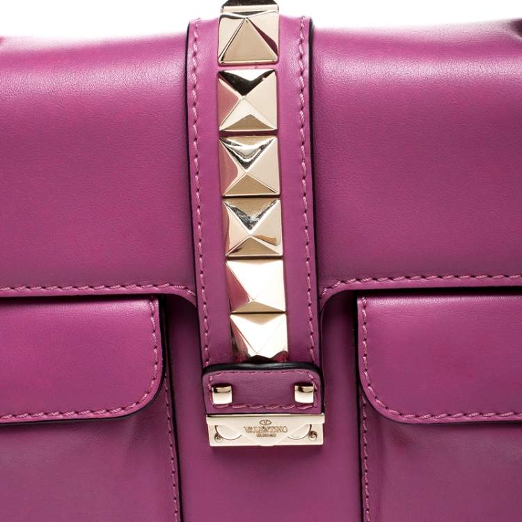 Pre Owned Valentino Fuschia Leather Rockstud Large Glam Lock Top Handle Bag