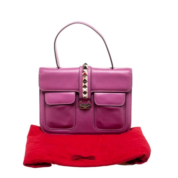 Pre Owned Valentino Fuschia Leather Rockstud Large Glam Lock Top Handle Bag