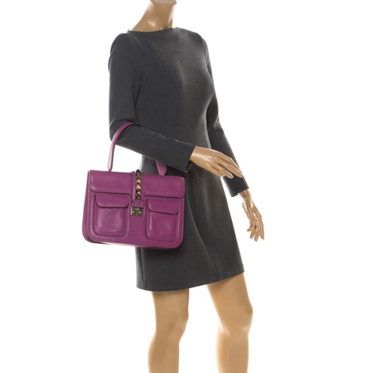 Pre Owned Valentino Fuschia Leather Rockstud Large Glam Lock Top Handle Bag