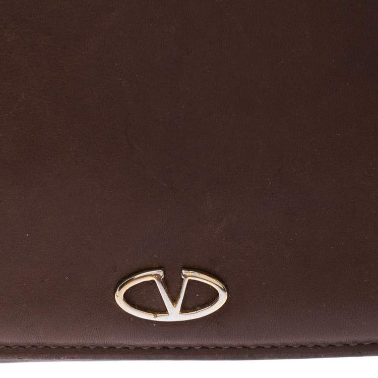 Pre Owned Valentino Brown Leather V Ring Flap Continental Wallet 