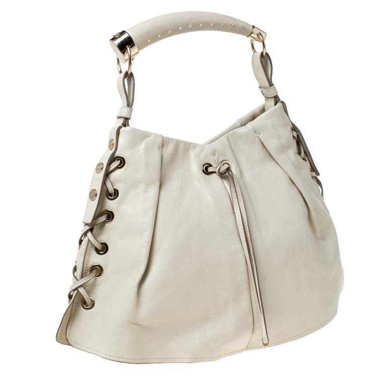 Pre Owned Yves Saint Laurent Beige Leather Rive Gauche Mombasa Shoulder Bag