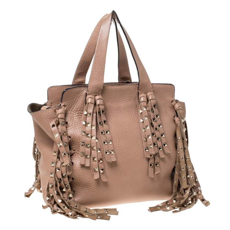 Pre Owned Valentino Beige Leather Rockstud Fringed Tote