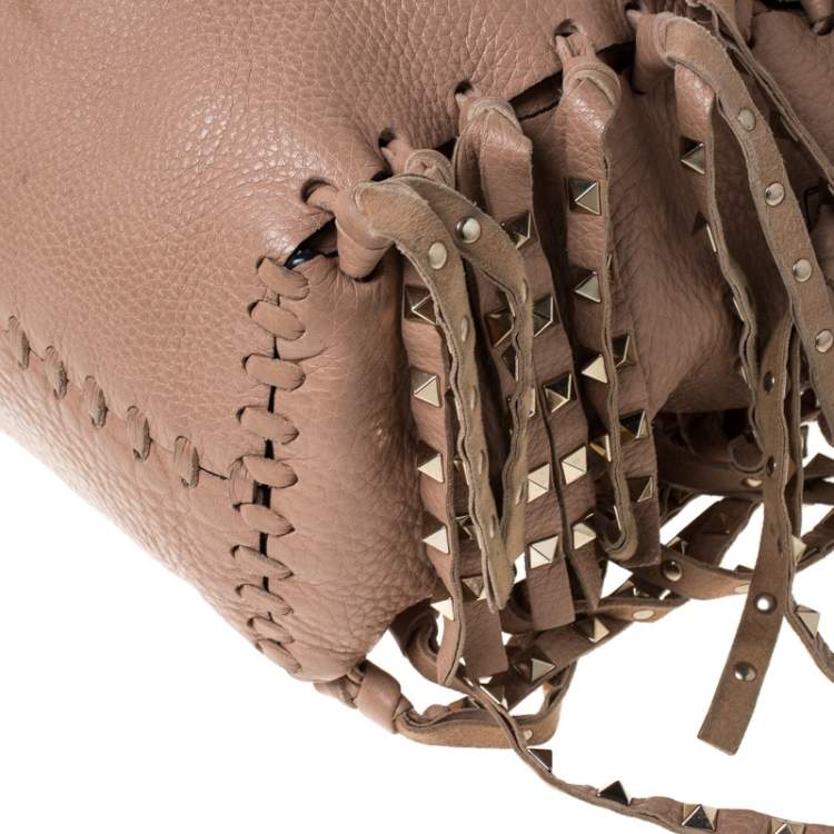 Pre Owned Valentino Beige Leather Rockstud Fringed Tote