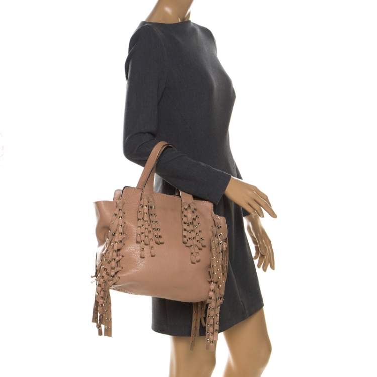 Pre Owned Valentino Beige Leather Rockstud Fringed Tote