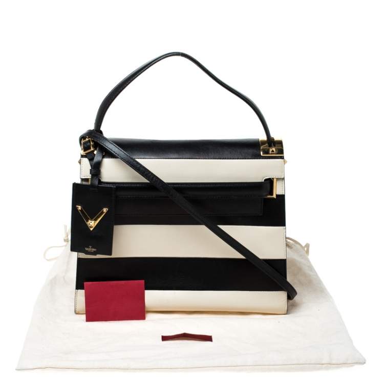 Pre Owned Valentino Black/White Striped Leather My Rockstud Top Handle Bag