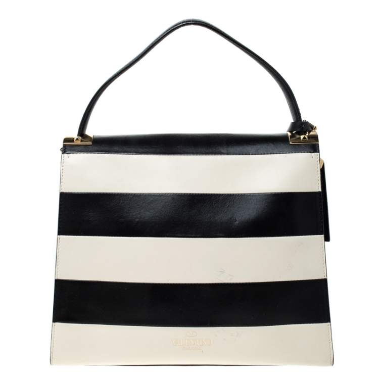 Pre Owned Valentino Black/White Striped Leather My Rockstud Top Handle Bag