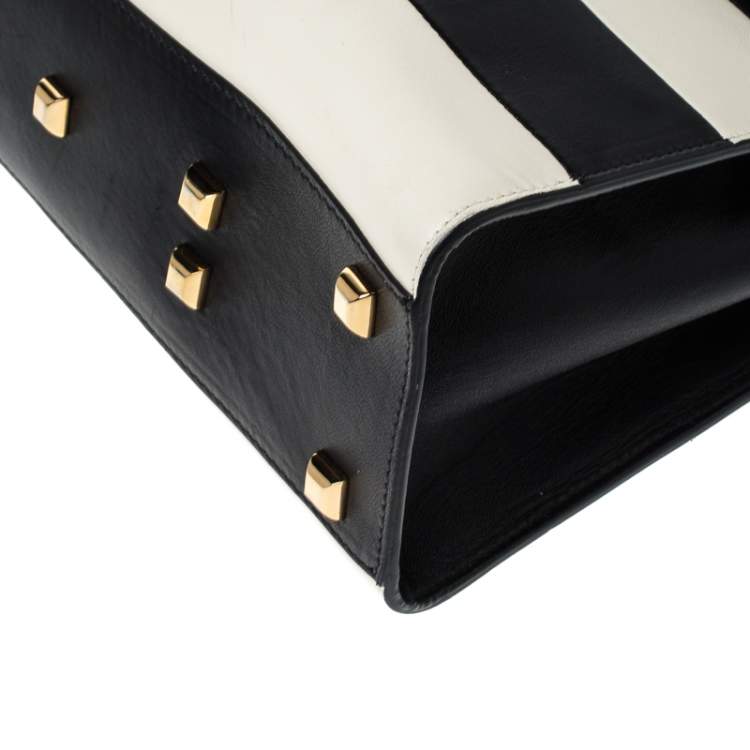 Pre Owned Valentino Black/White Striped Leather My Rockstud Top Handle Bag