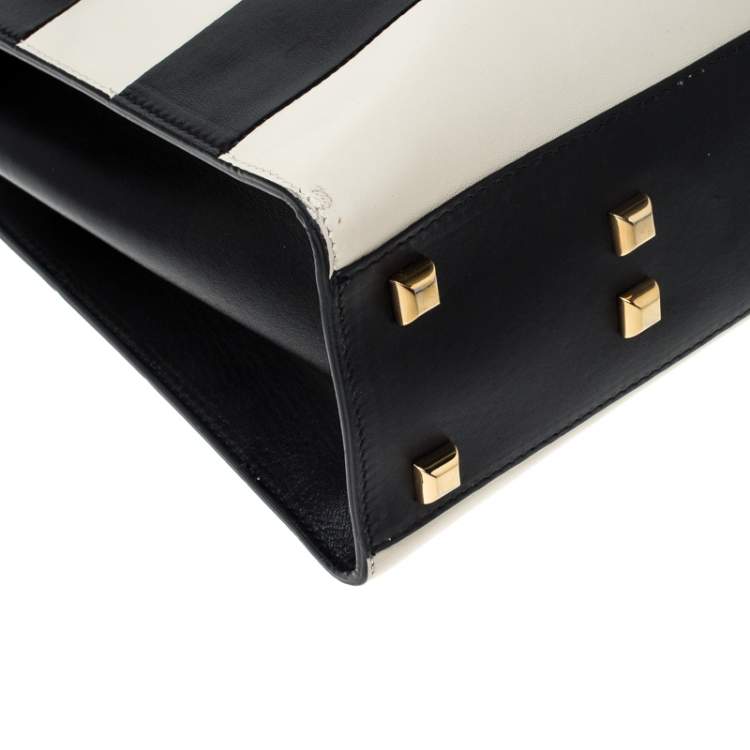 Pre Owned Valentino Black/White Striped Leather My Rockstud Top Handle Bag